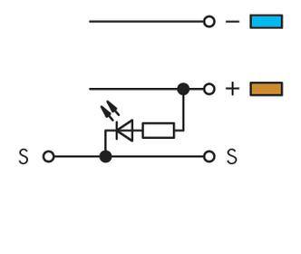 Schaltplan mit zwei Stromkreisen: Oben eine Leitung mit Minuspol (blau). Unten ein Kreis mit Pluspol (orange), LED und Widerstand.
