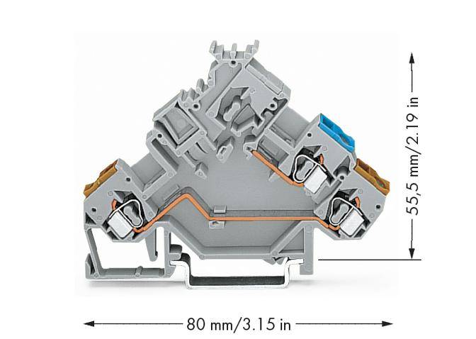 Graue elektrische Klemme (Länge: 80 mm, Höhe: 55,5 mm) mit Kupferkontaktstellen und blauen Elementen zur elektrischen Verbindung.
