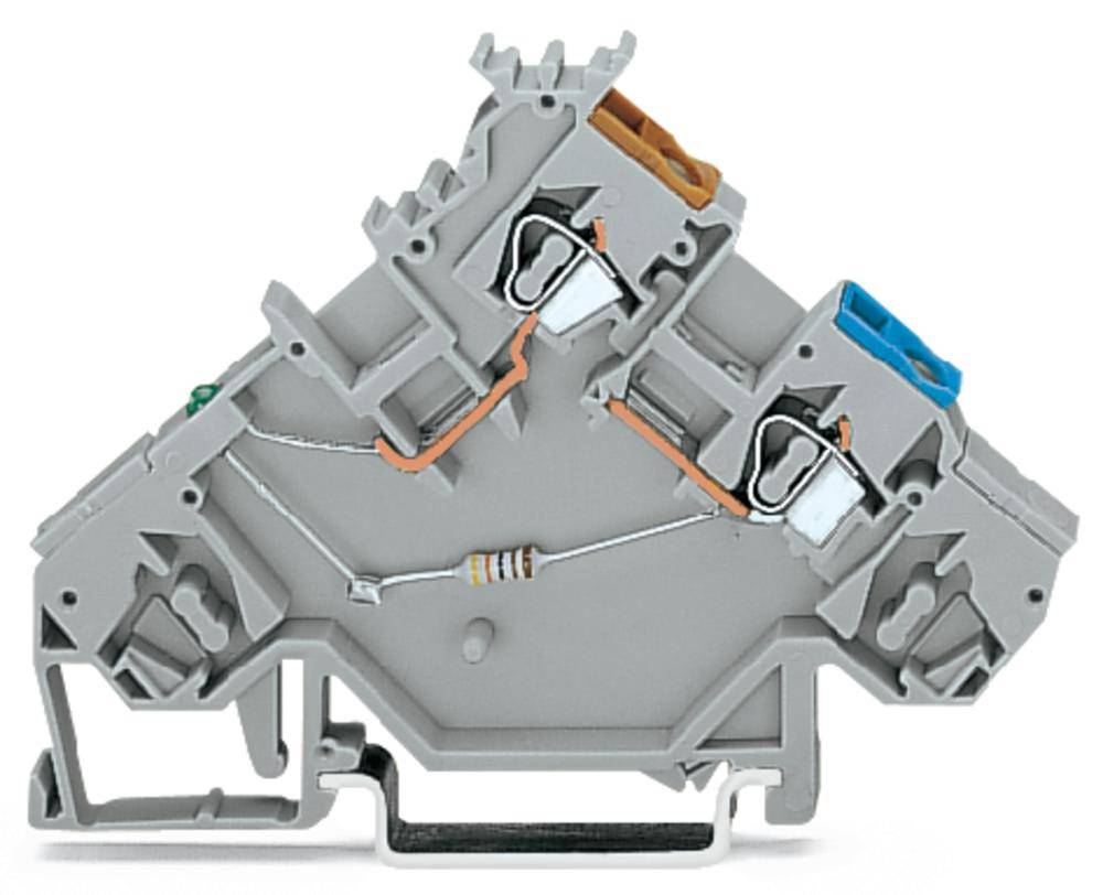 Reihenklemme mit zwei Anschlüssen und integriertem Widerstand, geeignet für den Einsatz in elektrischen Schaltungen.