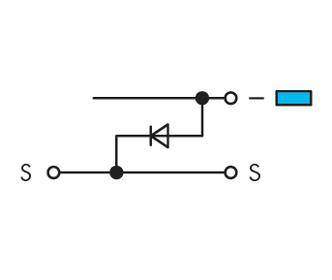 Elektrischer Schaltplan zeigt Diode zur Lenkung des Stroms zwischen zwei Schaltern, verbunden mit einer blauen Batterie rechts.