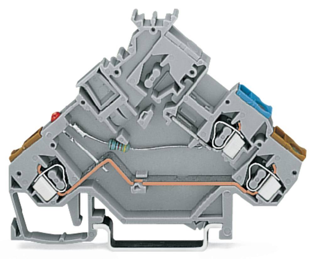 Abbildung eines grauen, dreieckigen Anschlussklemmenblocks mit mehreren Kupferleitungen und eingebauten Klemmen, passend für elektrische Verbindungen.