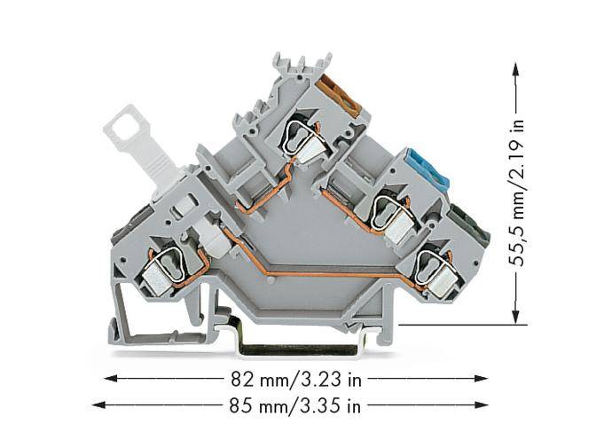 Graues elektrisches Verbindungselement mit mehreren Anschlusspunkten und Maßangaben: Breite 82 mm, Tiefe 85 mm, Höhe 55,5 mm.