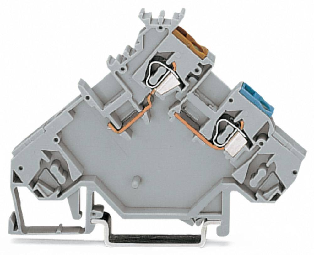 Graue elektrische Klemmenverbindung mit zwei Kabeln in Metallklemmen. Die Anschlüsse sind farblich markiert: blau und braun.