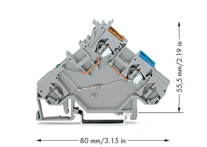 Ein grauer, dreieckiger elektrischer Steckverbinder mit einer Länge von 80 mm und einer Höhe von 55,5 mm, zeigt Kabel- und Anschlusspunkte.
