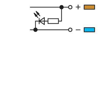 Elektrischer Schaltplan zeigt eine Diode mit Widerstand in Reihe, verbunden mit Plus- und Minuspolen.
