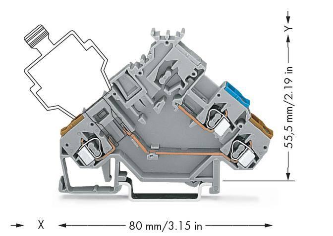 Graues, dreieckiges Bauteil mit vier Anschlüssen und blauer Abdeckung an der rechten Seite. Maße: 80 mm x 55,5 mm.
