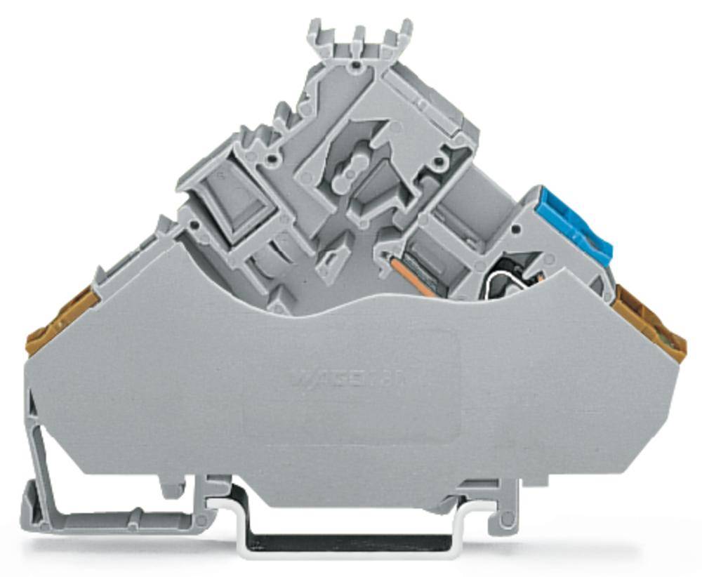 Ein grauer Reihenklemmenblock mit blauen und braunen Elementen zur Verdrahtung in elektrischen Installationen.