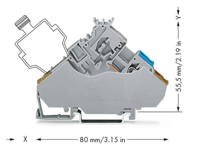 Grauer Klemmenblock mit Pfeildiagramm, zeigt Maße: Breite 80 mm (3,15 Zoll), Höhe 55,5 mm (2,19 Zoll). Drahtanschlüsse: Blau, Kupfer.