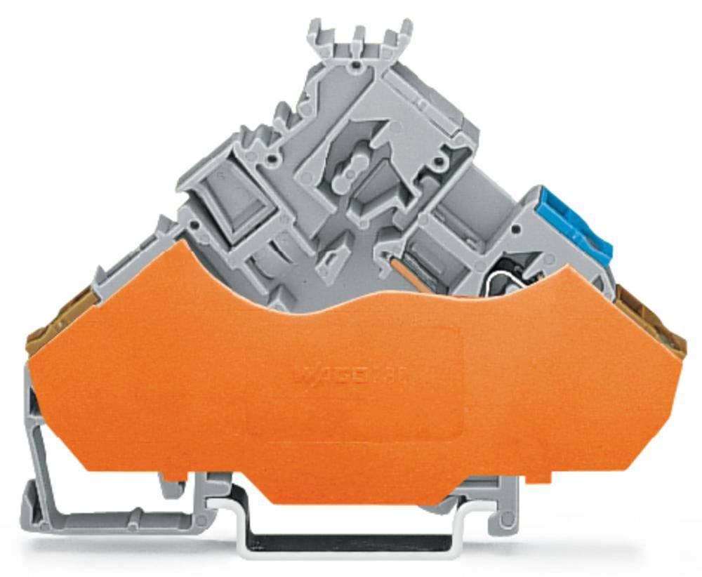 Graue Klemme mit orangefarbenem Schutz; für elektrische Verbindung in Schalttafeln gedacht. Montierbar auf DIN-Schienen.