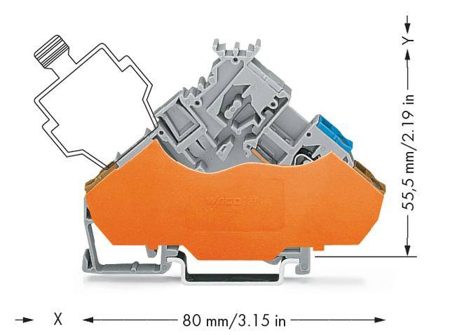 Querschnitt eines elektrischen Anschlusses mit orangem Gehäuse, 55,5 mm Höhe, 80 mm Länge. Technische Zeichnung mit Maßen.
