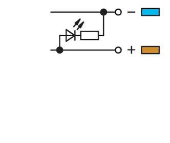 Schaltsymbol zeigt eine Diode in Reihe mit einem Widerstand, verbunden mit positiven (+) und negativen (-) Anschlüssen.