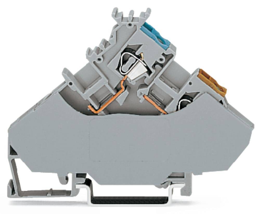 Ein grauer, schräg verlaufender elektrischer Klemmenblock mit blauer und brauner Anschlusspunkt, verwendet zur Verkabelung in Schaltschränken.