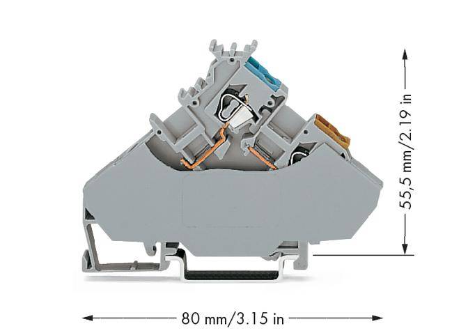 Graues Klemmenmodul mit Maßen von 80 mm (3,15 in) Breite und 55,5 mm (2,19 in) Höhe, in seitlicher Ansicht dargestellt.