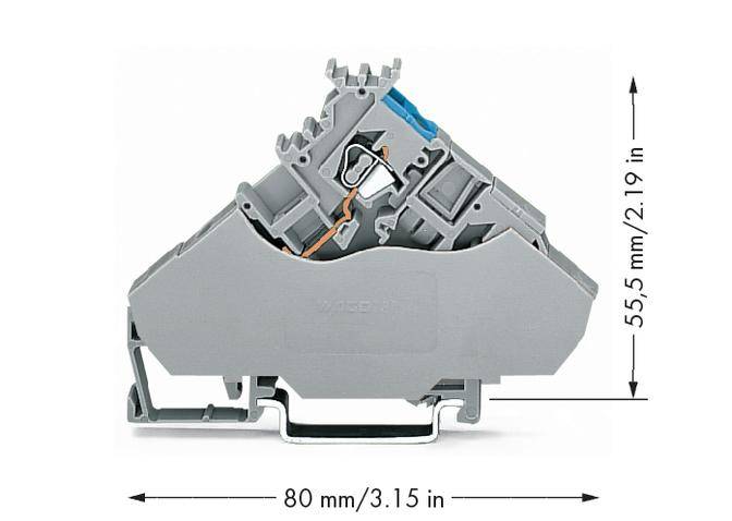 Grauer elektrischer Anschlussblock, Maße 80 mm x 55,5 mm. Zeigt Kabelanschlüsse mit seitlichem Hebel zur Befestigung.