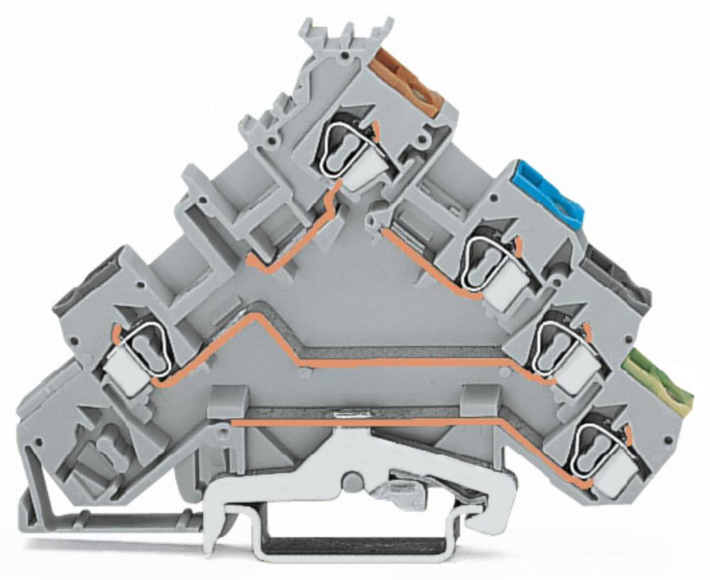 Graue Verbindungsklemme mit mehreren Steckplätzen und farbcodierten Halterungen für elektrische Leitungen.