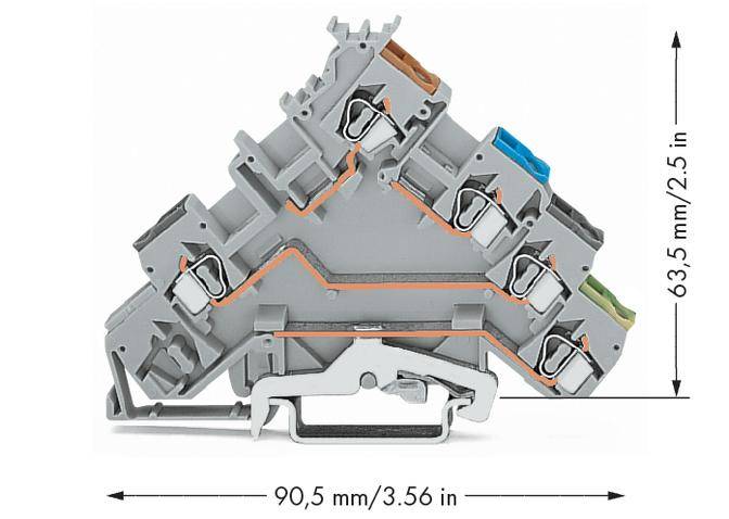 Dreistockige Reihenklemme mit fünf Anschlüssen, Abmessungen: Breite 90,5 mm, Höhe 63,5 mm.