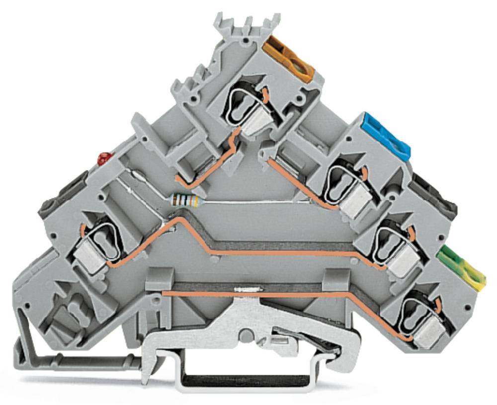 Klemmleiste in Winkel-Form zur Verbindung elektrischer Leitungen, mit farbcodierten Anschlusspunkten für einfache Identifikation.