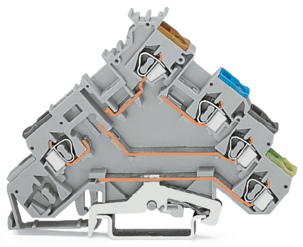 Ein grauer Stromabzweigverbinder mit seitlichen Hebelmechanismen in verschiedenen Farben.