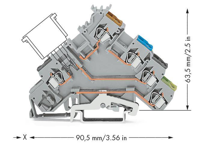 Doppeldeck-Reihenklemme mit 90,5 mm Breite und 63,5 mm Höhe. Verfügt über mehrere Drahtanschlüsse und ist für elektrische Verbindungen geeignet.