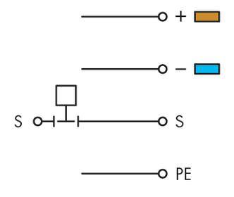 Schaltplan mit Bauteilen: Plus- und Minus-Verbindungen, eine Komponente in der Mitte, sowie Erdung (PE) dargestellt.