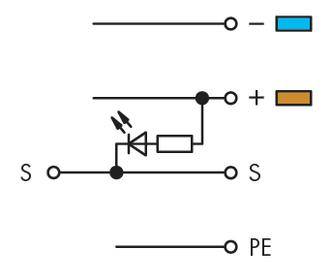 Schaltsymbol mit Schalter (S), Diode, Widerstand und Anschlüssen für Plus (+), Minus (-) und Erdung (PE).