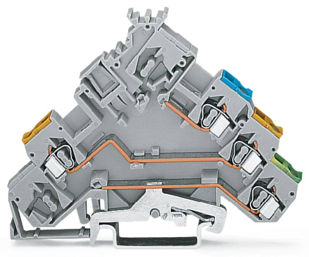 Grauer elektrischer Mehrstock-Reihenklemme mit farbigen Markierungen und Metallklammer, geeignet für komplexe Verkabelungen.