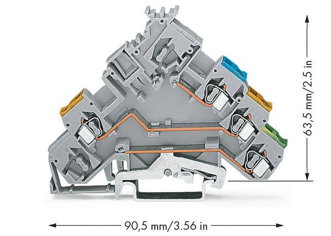 Elektrische Anschlussklemme, 90,5 mm breit, 63,5 mm hoch, mit sechsfachem Anschluss und farbcodierten Klemmen für Phasenkennzeichnung.