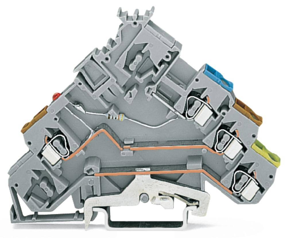 Eine graue Reihenklemme mit mehreren Anschlüssen und farbcodierten Elementen, geeignet für elektrische Verbindungen in Schaltschränken.