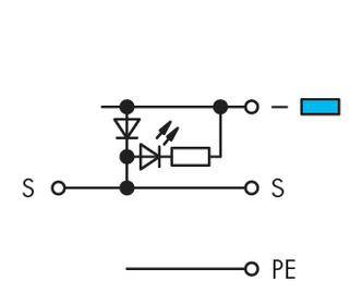 Schaltskizze eines elektronischen Geräts mit Dioden und Widerstand. Links und rechts verbinden Punkte mit 'S', unten steht 'PE'.