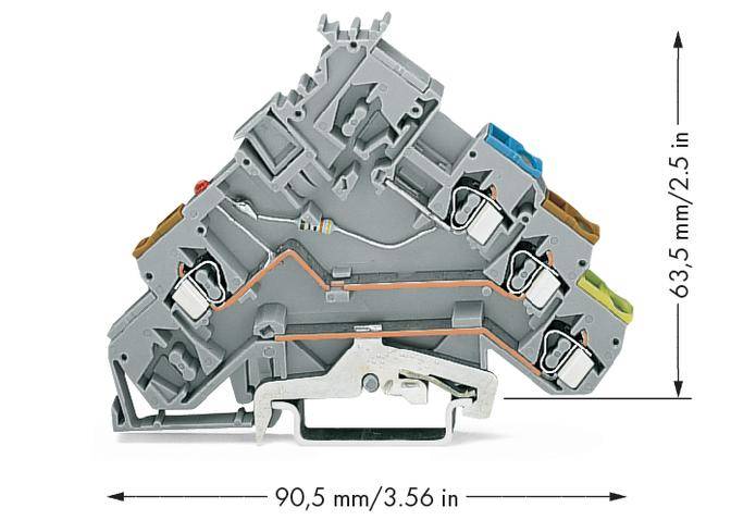 Ein grauer, dreistöckiger Reihenklemmenblock mit farblich markierten Verbindungen und den Maßen 90,5 mm x 63,5 mm.