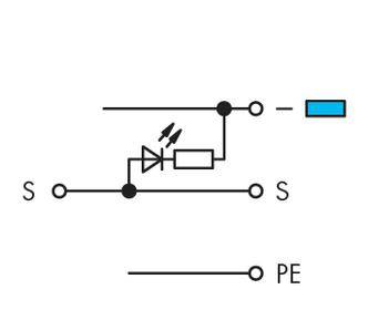 Elektrischer Schaltplan zeigt eine Schalteinheit mit Diode, Widerstand und Erdung. Die Verbindungen sind mit 'S' und 'PE' markiert.