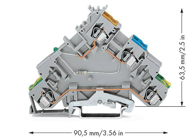 Ein dreistufiger grauer Reihenklemmenblock mit elektrischen Anschlüssen und Widerstand. Maße: 90,5 mm breit, 63,5 mm hoch.