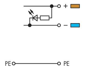 Schaltplan mit Diode und Widerstand in Serie verbunden, zeigt positive (+) und negative (-) Anschlüsse. PE-Verbindung unten.