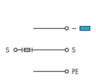 Diagramm mit drei parallelen Linien. Oben zeigt eine Linie eine Verbindung zu einem blauen rechteckigen Block. Die mittlere Linie zeigt Symbole für 'S', einen Schalter, und ein weiteres 'S'. Unten ist eine Linie mit 'PE'.