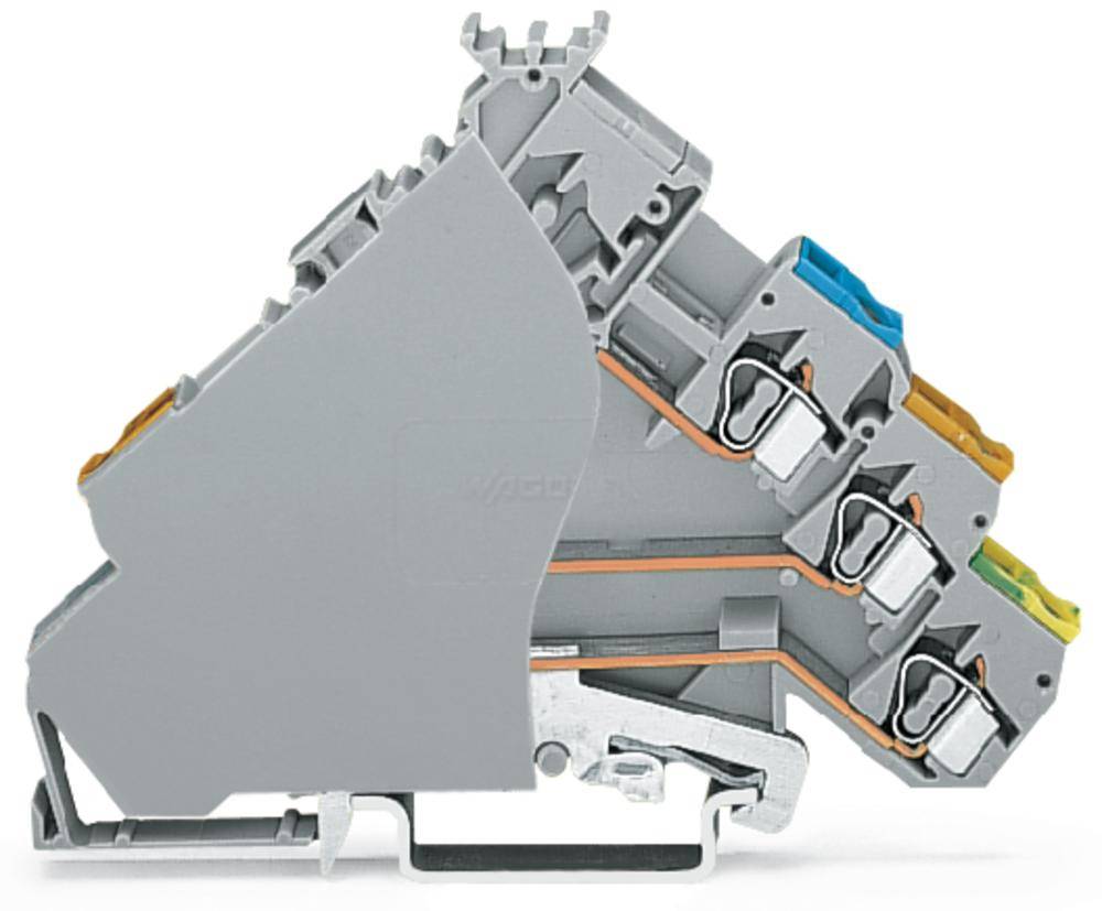 Grau-orangefarbene Reihenklemme mit Kunststoffgehäuse, mehreren Kabelanschlüssen und Hebelmechanismus, zur elektrischen Verdrahtung.