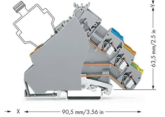 Klemmenblock mit Abmessungen: Breite 90,5 mm, Höhe 63,5 mm. Drei farbcodierte Anschlüsse oben. Zeichnung zeigt Draufsicht.