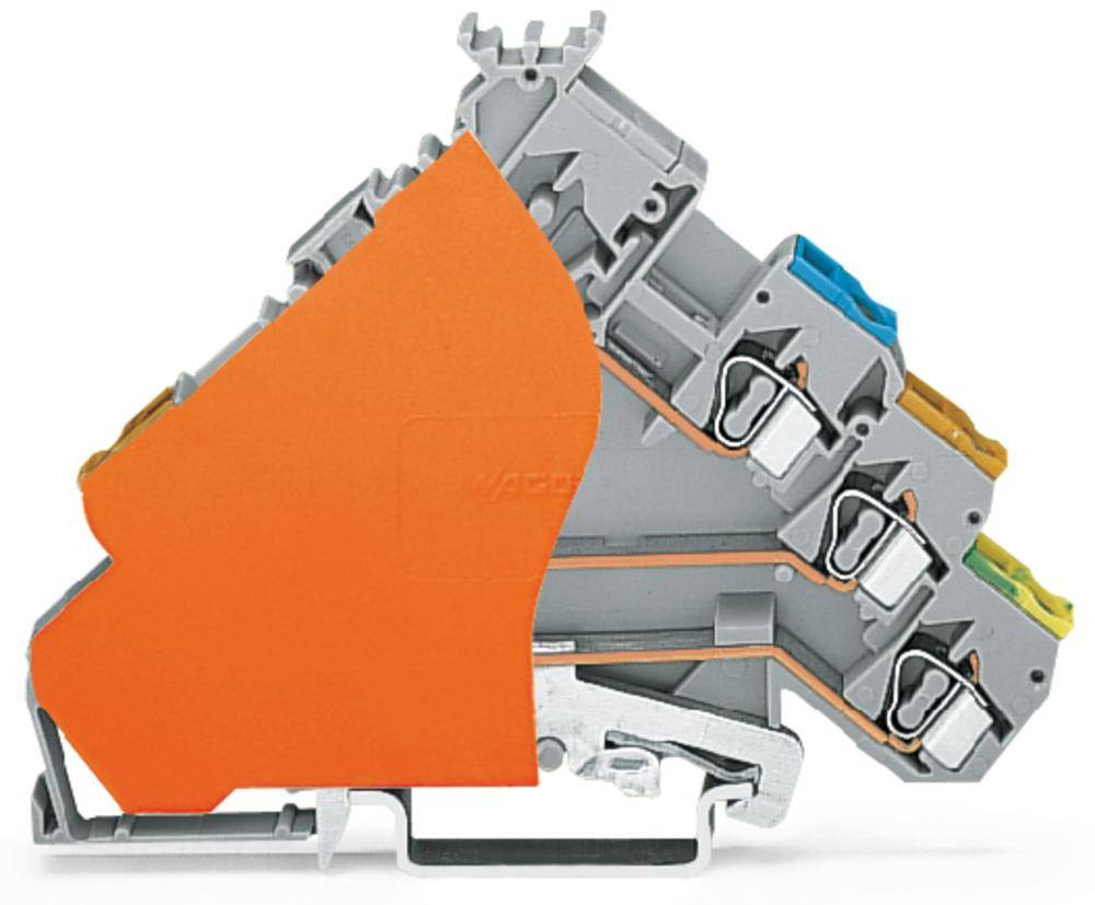 Ein elektrischer Reihenklemmenblock in Seitenansicht, mit orangefarbenem Gehäuse und mehreren Kontaktpunkten in unterschiedlichen Farben.