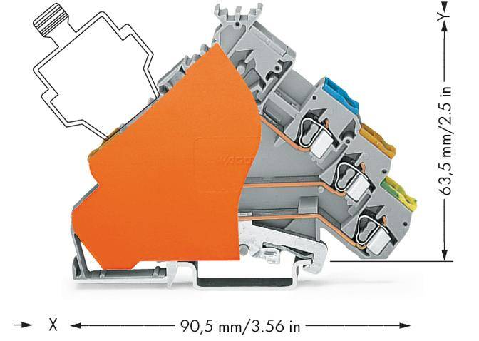 Querschnitt eines Klemmenblocks, orange hervorgehoben, Abmessungen angegeben: 63,5 mm hoch, 90,5 mm breit.