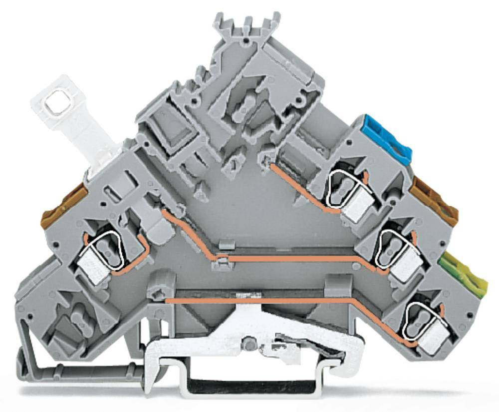 Graue Klemmenblock-Klemme mit farbcodierten Steckplätzen oben, geeignet für elektrische Verdrahtung.