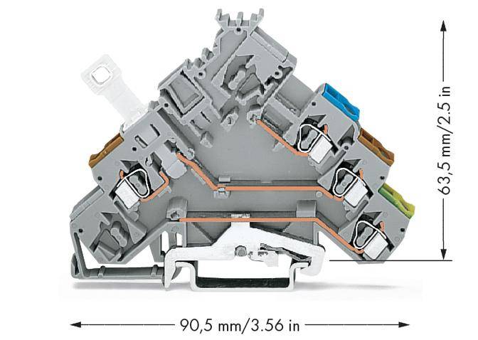 Grauer, komplexer elektrischer Anschluss mit mehreren Klemmen und Kupferleitungen, zeigt Maße: 90,5 mm Breite, 63,5 mm Höhe.