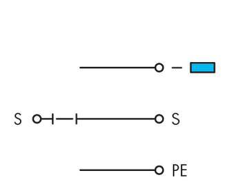 Schaltsymbol eines Wechselschalters mit blau markiertem Schaltkontakt, weiterer Leiter verbindet 'S' mit 'S', unterer Leiter endet bei 'PE'.