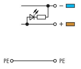 Elektrischer Schaltplan mit Diode, Widerstand und Erdung. Zeigt den Stromfluss und Polaritätsanschlüsse, positiv mit Braun, negativ mit Blau.