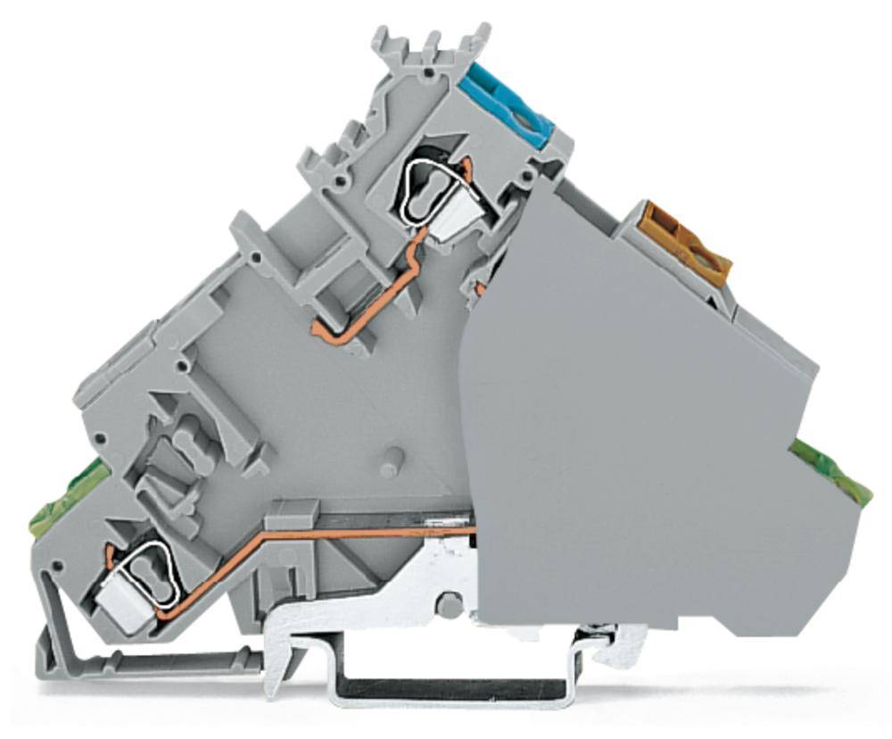 Ein graues elektrisches Klemmengehäuse mit Kupferdrähten, die Anschlüsse verbinden. Enthält farbcodierte Bereiche zur Identifizierung.