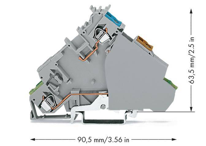 Grauer Kunststoffklemmenblock mit Drahtverbindungen, seitlicher Blick. Maße: 90,5 mm breit, 63,5 mm hoch.