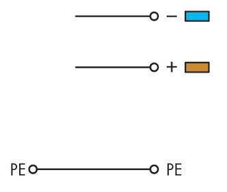 Diagramm von Schaltkreisen: Oben zwei unterschiedliche Schaltsymbole mit blauen und braunen Markierungen, unten ein PE-Zeichen.
