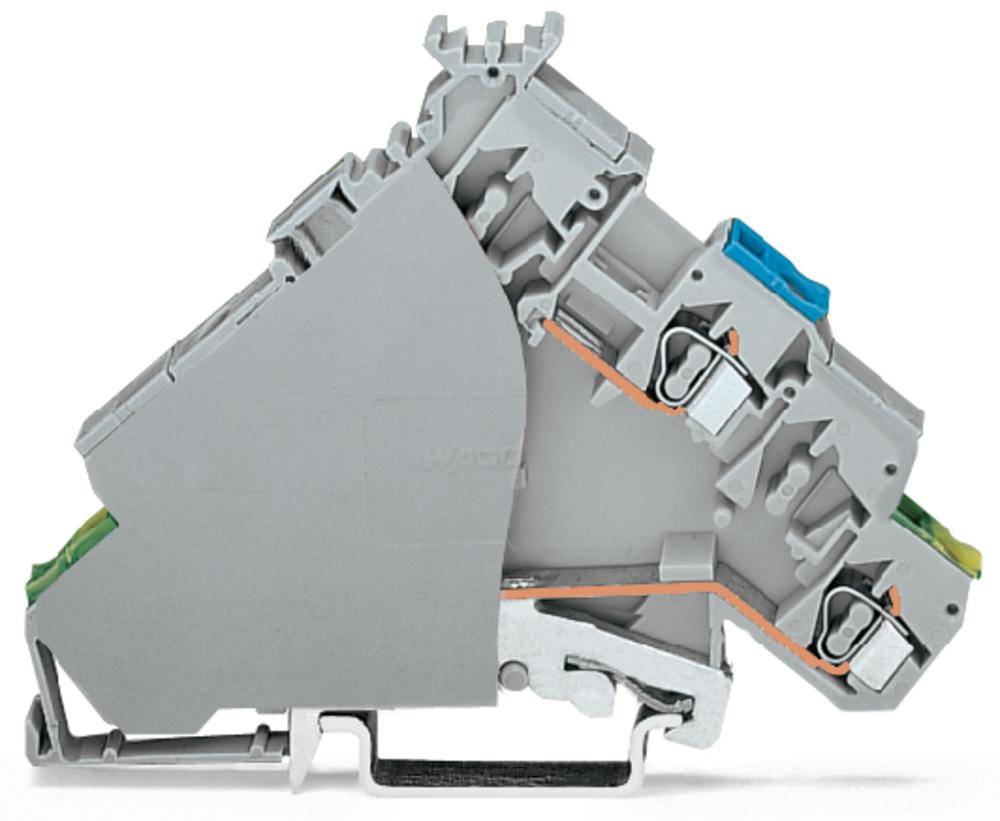 Grauer elektrischer Steckverbinder mit mehreren Ebenen und Anschlüssen, für die Montage auf einer DIN-Schiene entwickelt.