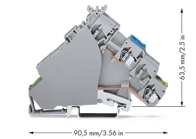 Graue elektrische Klemme mit blaubem, grünem und orangem Draht. Abmessungen sind 90,5 mm Länge und 63,5 mm Höhe.