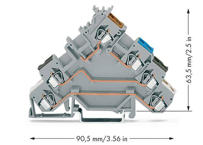 'Grau-blauer elektrischer Klemmenblock' mit angegebenen Abmessungen: Breite 90,5 mm und Höhe 63,5 mm.