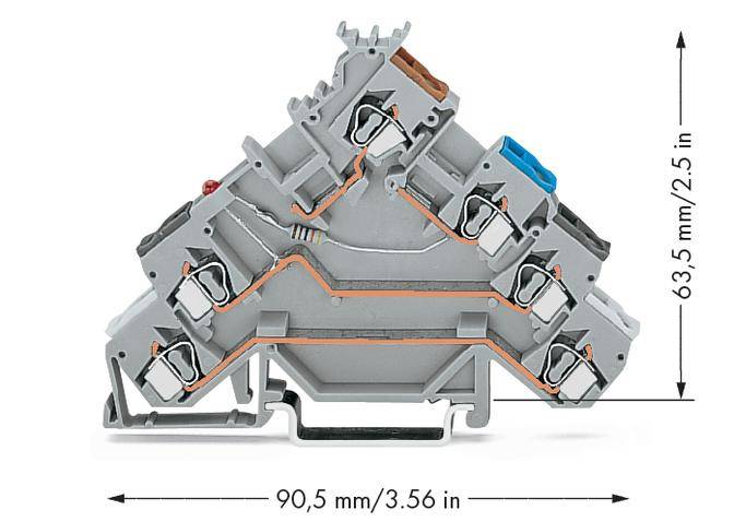 Ein grauer elektrischer Steckverbinder mit mehreren Anschlüssen und farbigen Elementen. Maße: 90,5 mm x 63,5 mm.
