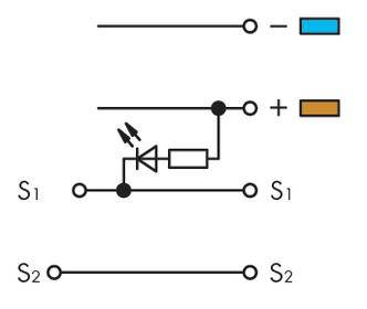 Schaltplan zeigt zwei Schalter (S1, S2). S1 mit Diode und Widerstand in parallelem Zweig, verbunden mit einer positiven Spannungsquelle.